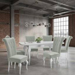 Extendable Dining Table And 6 Chairs Wood Mdf Hdf Chipboard Lara 140 To 180X80X75Cm White Oak Finish White And Light Grey - thumbnail 1