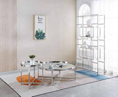 Mihomeuk Nora Mirrored Top Round Coffee Table With Silver Chrome Legs - image 1