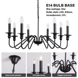 Darphe 74Cm Vintage 8-Light Candle Chandelier, Black Metal Pendant Light With 186Cm Chain - thumbnail 3