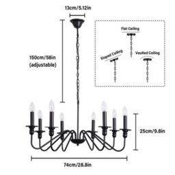 Darphe 74Cm Vintage 8-Light Candle Chandelier, Black Metal Pendant Light With 186Cm Chain - thumbnail 9