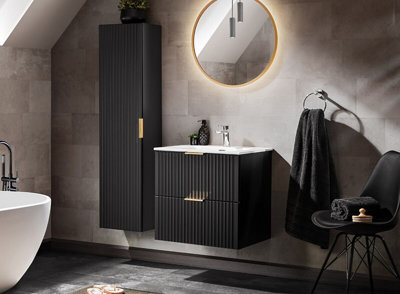 Impact Furniture Bathroom Furniture Set 800mm Vanity Sink Unit With Drawers And Wall Hung Tallboy Cabinet Black Ribbed Fluted Adel - image 1