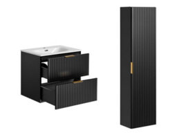 Impact Furniture Bathroom Furniture Set 800mm Vanity Sink Unit With Drawers And Wall Hung Tallboy Cabinet Black Ribbed Fluted Adel - thumbnail 2
