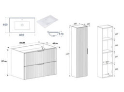 Impact Furniture Bathroom Furniture Set 800mm Vanity Sink Unit With Drawers And Wall Hung Tallboy Cabinet Black Ribbed Fluted Adel - thumbnail 9