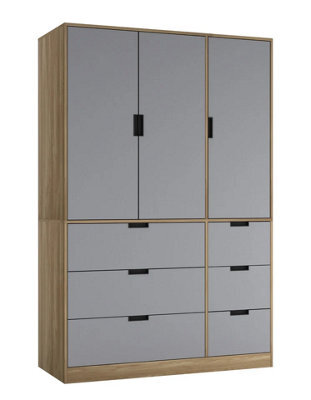 Urbn-Living Urbnliving Wooden 3 Door 6 Drawer Wardrobe Bedroom Storage Closet Shelves Hanging Rail Oak Unit Grey Doors Drawers - image 1