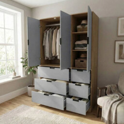 Urbn-Living Urbnliving Wooden 3 Door 6 Drawer Wardrobe Bedroom Storage Closet Shelves Hanging Rail Oak Unit Grey Doors Drawers - thumbnail 5
