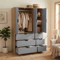 Urbn-Living Urbnliving Wooden 3 Door 6 Drawer Wardrobe Bedroom Storage Closet Shelves Hanging Rail Oak Unit Grey Doors Drawers - thumbnail 4