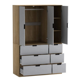 Urbn-Living Urbnliving Wooden 3 Door 6 Drawer Wardrobe Bedroom Storage Closet Shelves Hanging Rail Oak Unit Grey Doors Drawers - thumbnail 6