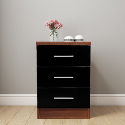 Reflect 3 Drawer Bedside - Black Gloss & Walnut - Modern Nightstand For Bedroom Storage - H: 59.5Cm X W: 39.5Cm X D: 38Cm - image 1