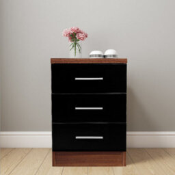 Reflect 3 Drawer Bedside - Black Gloss & Walnut - Modern Nightstand For Bedroom Storage - H: 59.5Cm X W: 39.5Cm X D: 38Cm