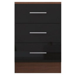 Reflect 3 Drawer Bedside - Black Gloss & Walnut - Modern Nightstand For Bedroom Storage - H: 59.5Cm X W: 39.5Cm X D: 38Cm - thumbnail 4