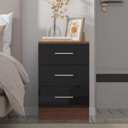Reflect 3 Drawer Bedside - Black Gloss & Walnut - Modern Nightstand For Bedroom Storage - H: 59.5Cm X W: 39.5Cm X D: 38Cm - thumbnail 2