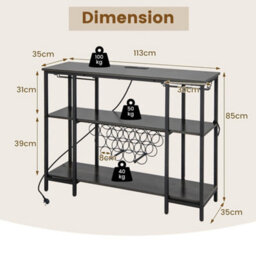 3 Tier Wine Bar Cabinet Industrial Wine Rack W/ Storage Shelves Grey - thumbnail 2