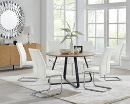 Furniturebox Uk Santorini Brown Wood Effect Round Dining Table & 6 White Lorenzo Chairs - thumbnail 1