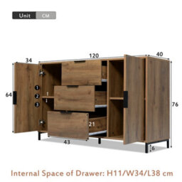 Btm Sideboard Cabinet, 2 Doors & 3 Drawers, Adjustable Shelf, Dark Oak 120X40X76Cm - thumbnail 2