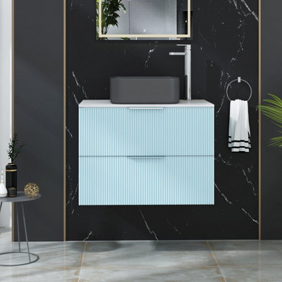 Royal Bathrooms Evora 700mm Powder Blue Fluted Wall Hung Countertop Vanity Unit 2 Drawer With Art Square Basin - image 1