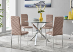 Furniturebox Selina Chrome Round Square Leg Glass Dining Table And 4 Cappuccino Beige Milan Chairs Set - thumbnail 1