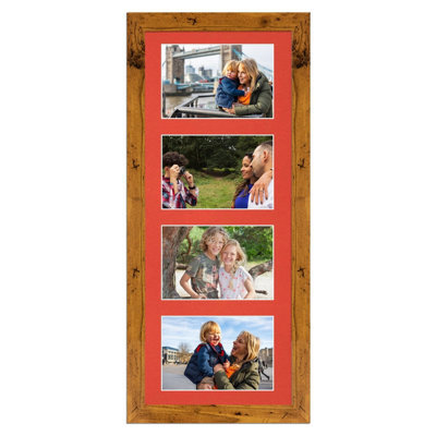 AK Frames 50X20Cm Rustic Oak Modern Multi Photo Frame With Poppy Red Mount - Holds 4 Apertures (4X) 6X4 Photos - image 1