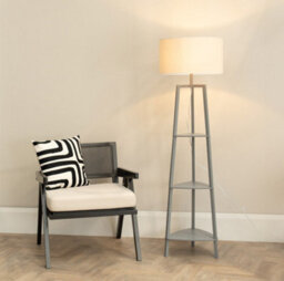 Valuelights Hiru Grey 3 Tier Shelf Floor Lamp With White Trim Linen Shade