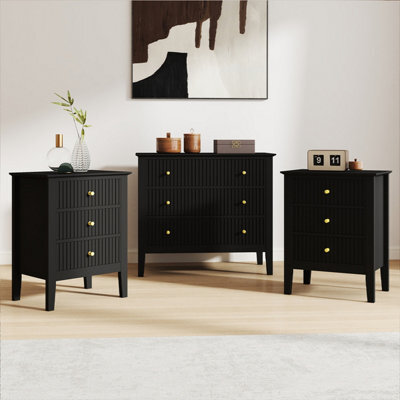 Melody Maison 3 Drawer Chest Of Drawers And Pair Of Bedside Tables - Hales Black Range - image 1