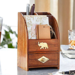Sheesham Wood Desk Organiser With Drawer - Varnished And Finished With Brass Inlays - Sustainable & Stylish Storage