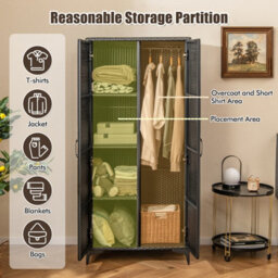 Costway Pe Rattan Wardrobe 157 Cm Wicker Armoire Closet W/ Hanging Rod - thumbnail 6