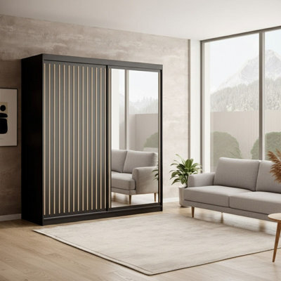 Delia 180 Sliding Wardrobe With Mirror And Slats Black - image 1