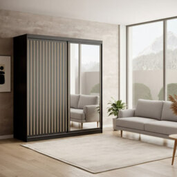 Delia 180 Sliding Wardrobe With Mirror And Slats Black - thumbnail 1