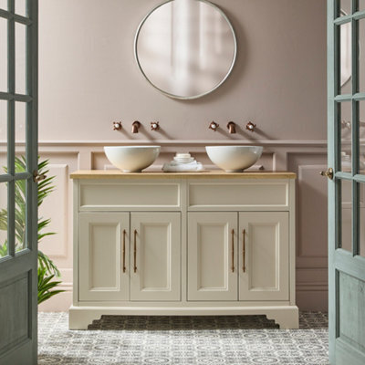 Homestylestore Antique White And Oak 1210mm Bathroom Vanity Unit With 2 Round Countertop Basins And Brushed Copper T Bar Handles - image 1
