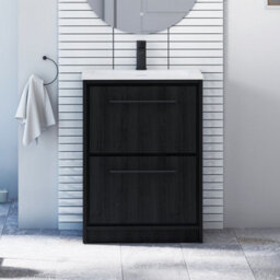 Royal Bathrooms Livora 600mm Black Woodgrain Floor Standing Bathroom Vanity Unit 2 Drawer With Stone Basin & Matt Black Handle - thumbnail 1