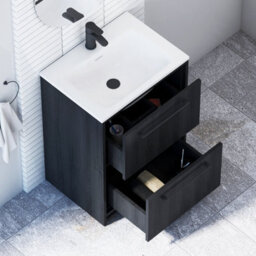 Royal Bathrooms Livora 600mm Black Woodgrain Floor Standing Bathroom Vanity Unit 2 Drawer With Stone Basin & Matt Black Handle - thumbnail 4