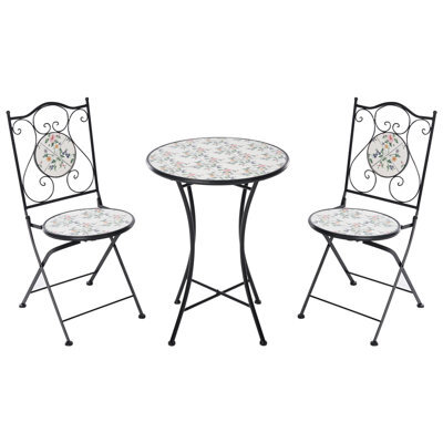 Wyld And Coco Black Bistro Set - 60Cm Round Mosaic Ceramic Table With 2 Folding Chairs - Outdoor Patio Furniture - image 1