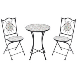 Wyld And Coco Black Bistro Set - 60Cm Round Mosaic Ceramic Table With 2 Folding Chairs - Outdoor Patio Furniture - thumbnail 1