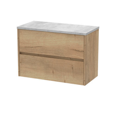 Nuie Havana Wall Hung 2-Drawer Vanity Unit & Worktop In Bellato Grey, Countertop Basin Unit In Autumn Oak, 800mm