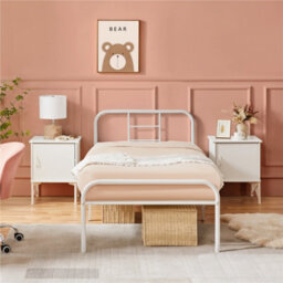 Yaheetech White 3Ft Single Metal Bed Frame With High Headboard Strong Iron Platform Bed For Bedroom