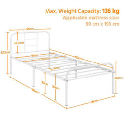Yaheetech White 3Ft Single Metal Bed Frame With High Headboard Strong Iron Platform Bed For Bedroom - thumbnail 4