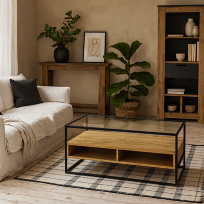 Wyld Haus Wrenna Tv Unit Black Frame, Natural Oak-Effect Shelves, Tempered Glass Top - image 1