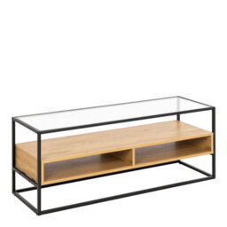 Wyld Haus Wrenna Tv Unit Black Frame, Natural Oak-Effect Shelves, Tempered Glass Top - thumbnail 3