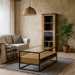 Wyld Haus Wrenna Tv Unit Black Frame, Natural Oak-Effect Shelves, Tempered Glass Top - thumbnail 2