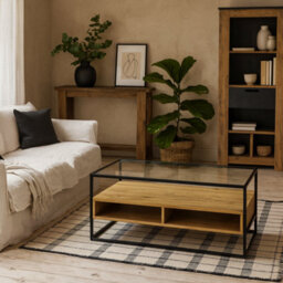 Wyld Haus Wrenna Tv Unit Black Frame, Natural Oak-Effect Shelves, Tempered Glass Top
