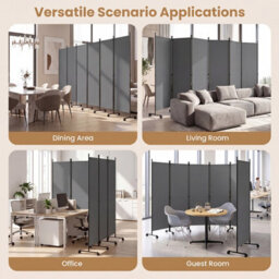 Costway Room Divider 6-Panel Folding Privacy Screen With Lockable Rolling Wheels And Wider Support Feet Grey - thumbnail 7