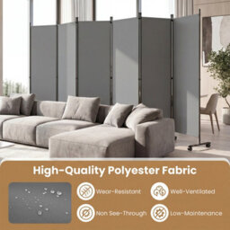 Costway Room Divider 6-Panel Folding Privacy Screen With Lockable Rolling Wheels And Wider Support Feet Grey - thumbnail 8