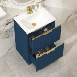 Royal Bathrooms Evora 600mm Midnight Blue Fluted Floor Standing Bathroom Vanity Unit 2 Drawer Cabinet With Stone Basin & Brushed Brass Handles - thumbnail 5