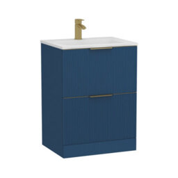 Royal Bathrooms Evora 600mm Midnight Blue Fluted Floor Standing Bathroom Vanity Unit 2 Drawer Cabinet With Stone Basin & Brushed Brass Handles - thumbnail 8