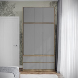 Urbn-Living Urbnliving 240Cm Height Oak Carcass 6 Sliding Grey Door 4 Drawer Freestanding Wardrobe Clothes Storage Hanging Rail Bedroom - thumbnail 4