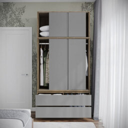 Urbn-Living Urbnliving 240Cm Height Oak Carcass 6 Sliding Grey Door 4 Drawer Freestanding Wardrobe Clothes Storage Hanging Rail Bedroom - thumbnail 5