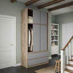 Urbn-Living Urbnliving 240Cm Height Oak Carcass 6 Sliding Grey Door 4 Drawer Freestanding Wardrobe Clothes Storage Hanging Rail Bedroom - thumbnail 6