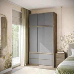 Urbn-Living Urbnliving 240Cm Height Oak Carcass 6 Sliding Grey Door 4 Drawer Freestanding Wardrobe Clothes Storage Hanging Rail Bedroom - thumbnail 2
