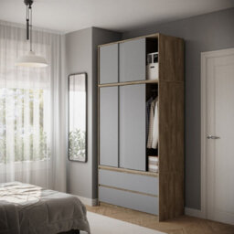 Urbn-Living Urbnliving 240Cm Height Oak Carcass 6 Sliding Grey Door 4 Drawer Freestanding Wardrobe Clothes Storage Hanging Rail Bedroom - thumbnail 3