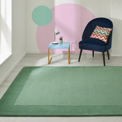 Handmade Luxurious Easy To Clean Modern Wool Bordered Green Plain Wool Living Room & Bedroom Rug-160Cm X 230Cm - image 1