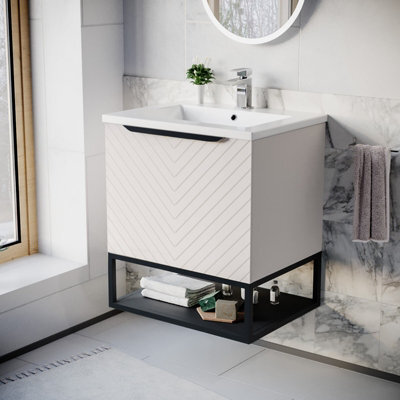 Nes Home 600mm Wall Hung Pink Drawers Basin Vanity Black Frame & Handle - image 1